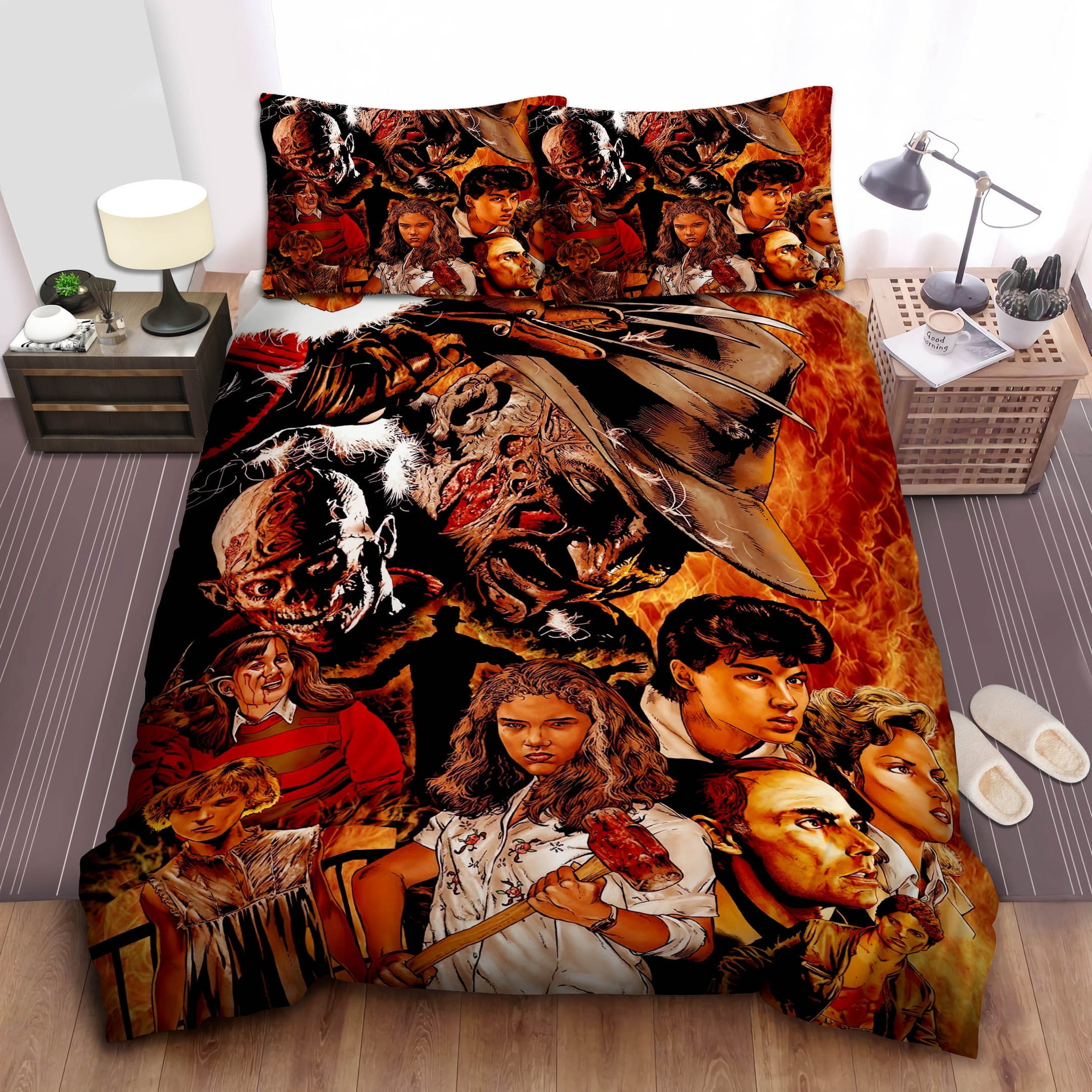 A Nightmare On Elm Street Characters On Flame Illustration Decorative Bedding Sets with Duvet Cover, Flatsheet, Pillowcases, For Halloween