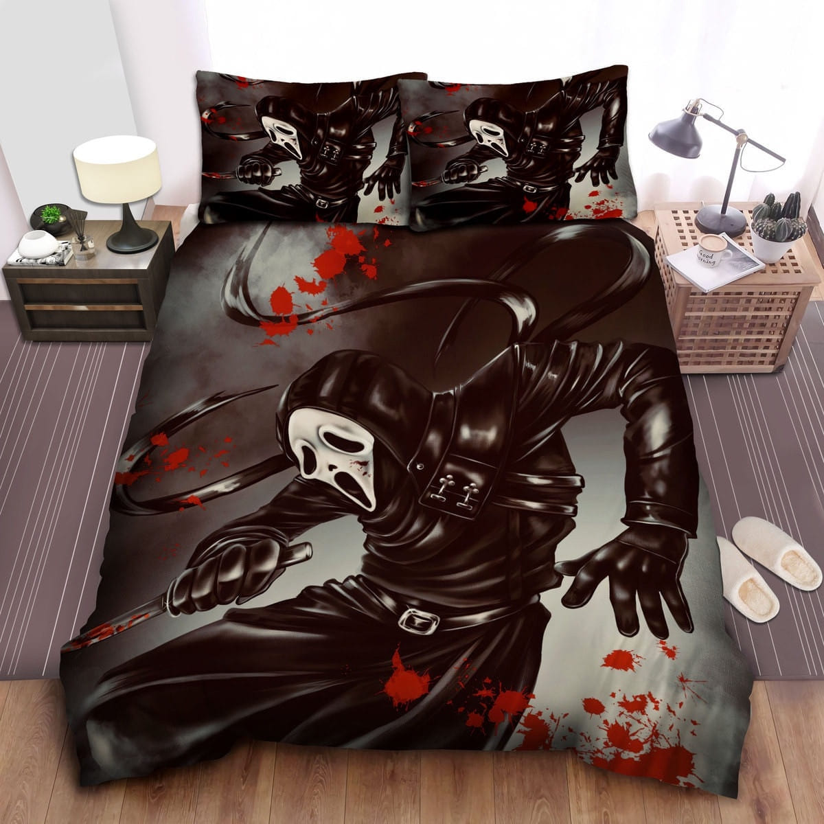 Bloody Ghostface In Black Leather Outfit Decorative Bedding Sets with Duvet Cover, Flatsheet, Pillowcases, For Halloween