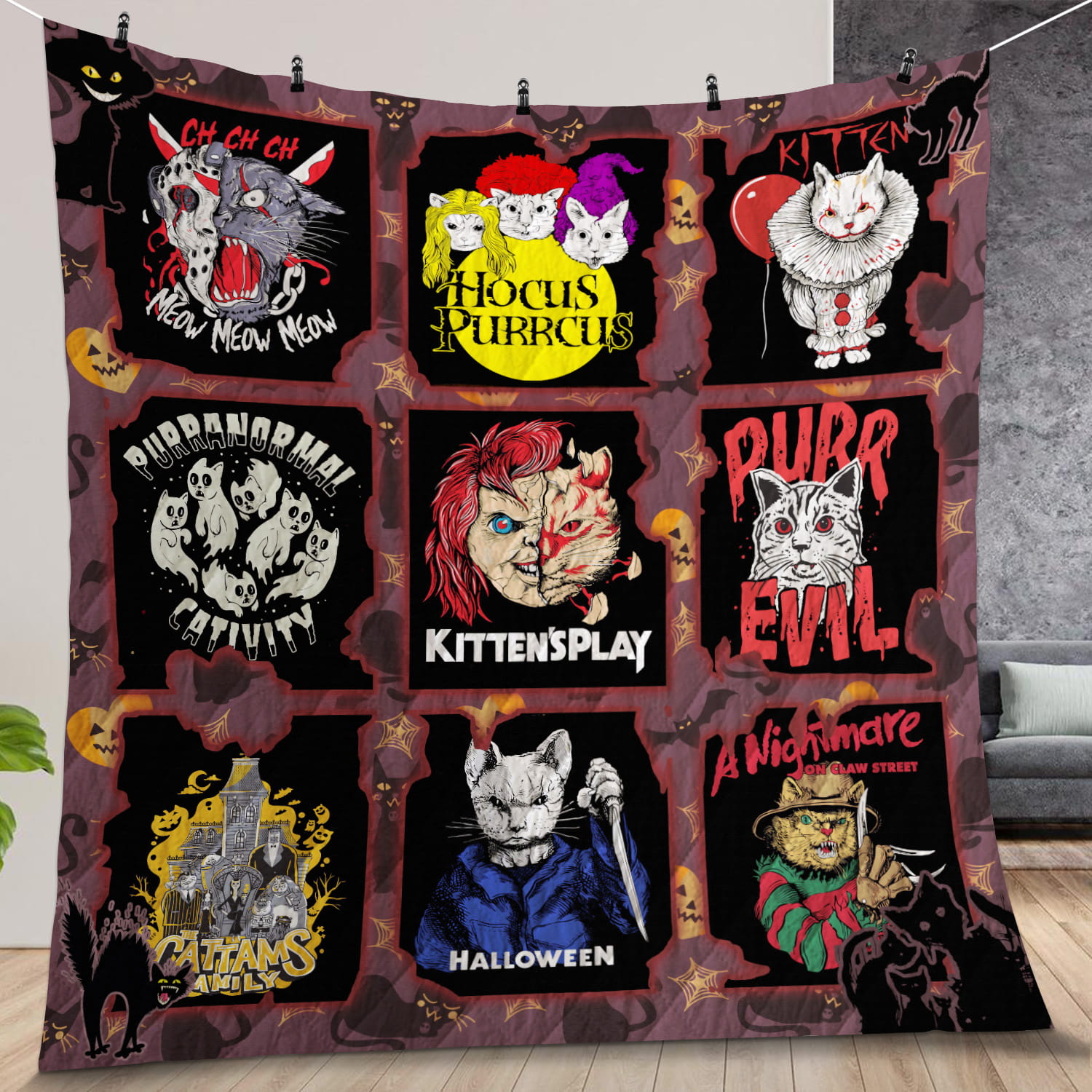 Cat Horror Movies Characters Halloween Quilt Gift For Christmas, Birthday, Halloween