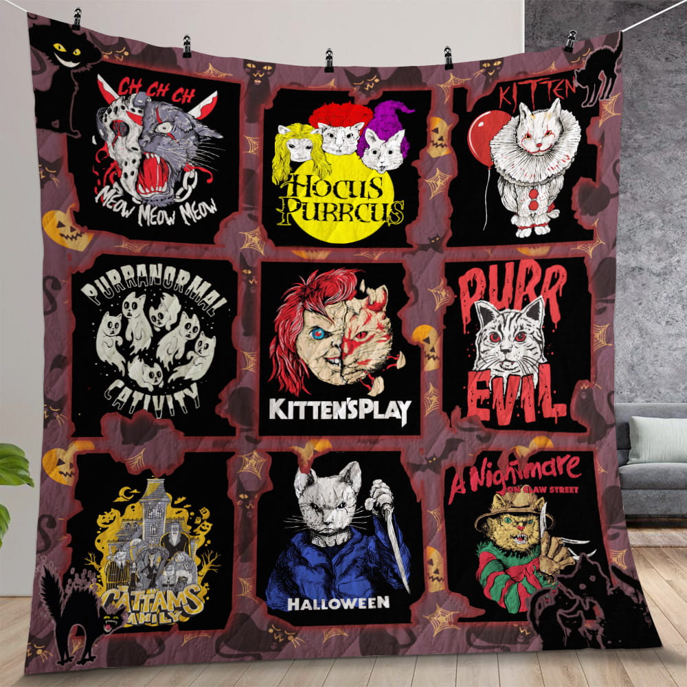 Cat Horror Movies Characters Halloween Quilt Gift For Christmas, Birthday, Thanksgiving