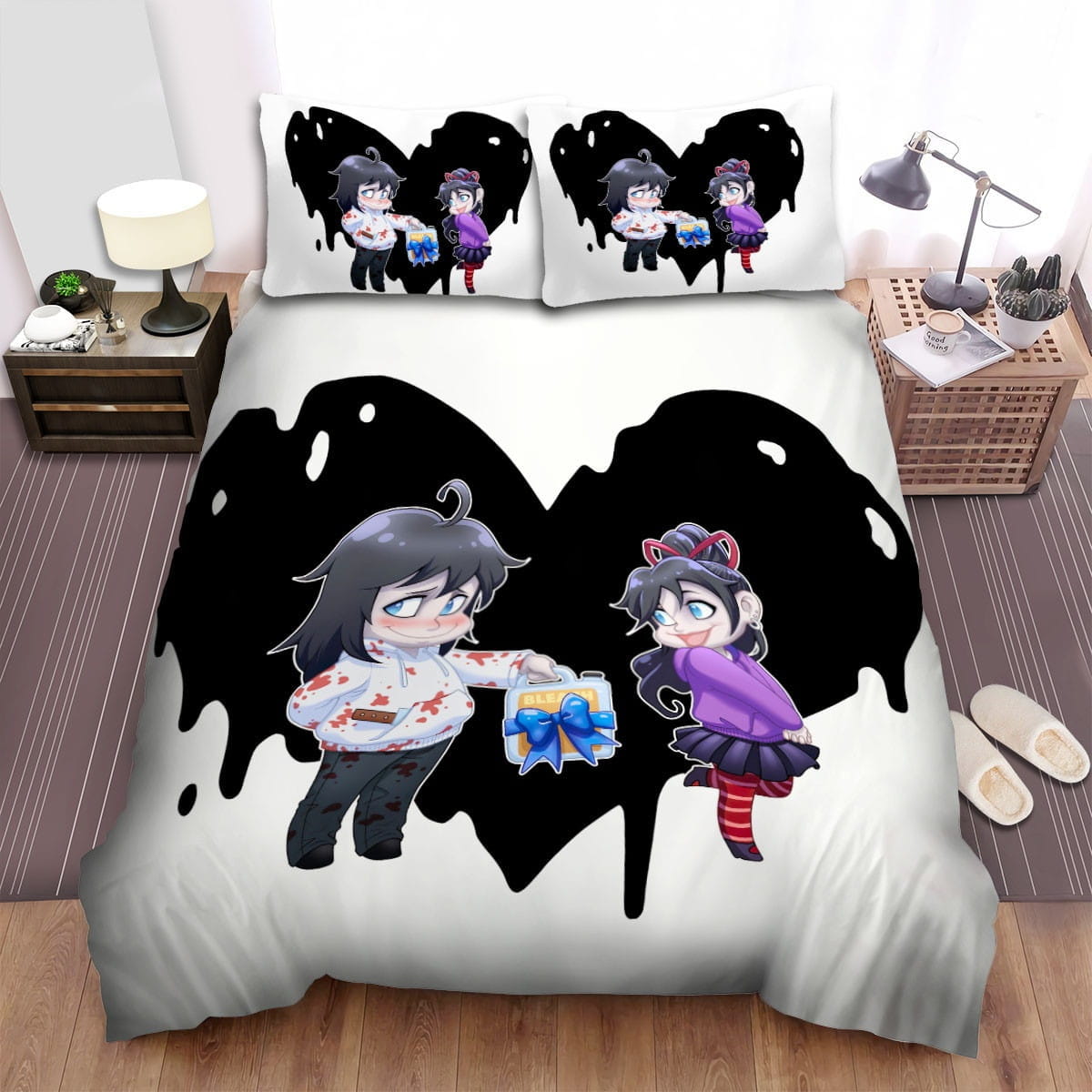 Creepypasta Jeff The Killer & His Girlfriend Chibi Illustration Bedding Sets – Duvet Cover, Flatsheet, Pillowcases For Every Bedroom, For Halloween