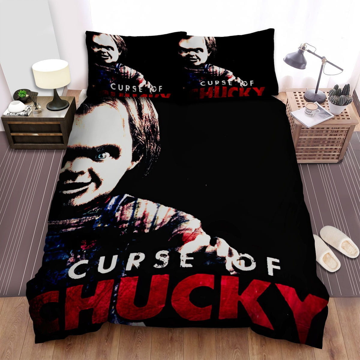 Curse Of Chucky Black Background Decorative Bedding Sets with Duvet Cover, Flatsheet, Pillowcases, For Halloween