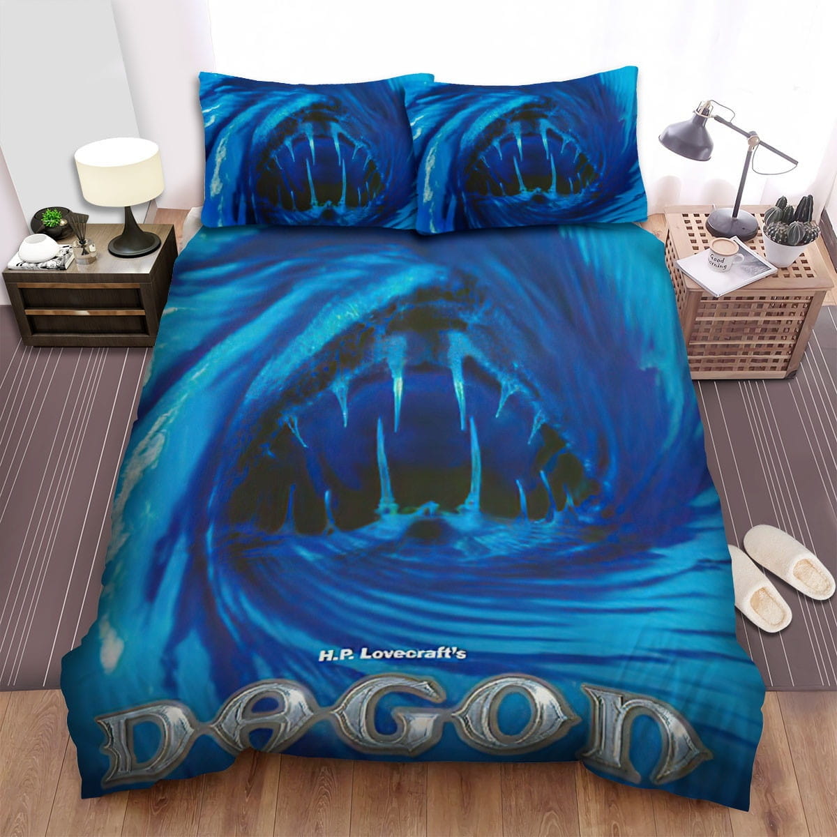 Dagon From The Creators Of Re Animator Movie Poster On Blue Background Bedding Sets, Duvet Cover Flatsheet Gift For Halloween, Thanksgiving, Christmas