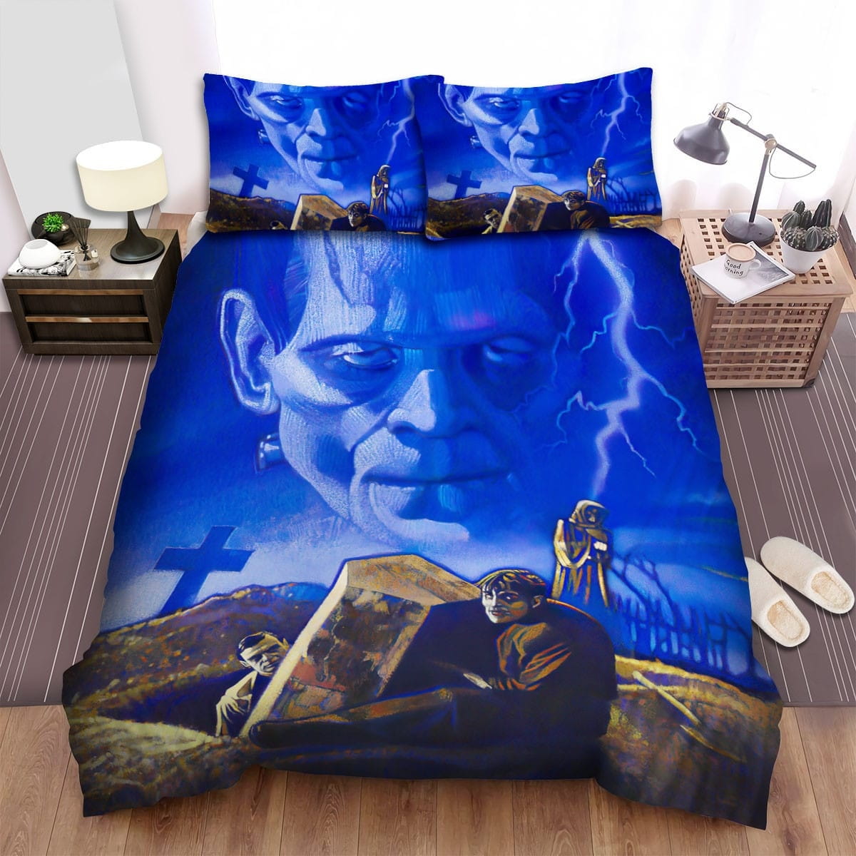 Frankenstein Face Background Decorative Bedding Sets with Duvet Cover, Flatsheet, Pillowcases, For Halloween