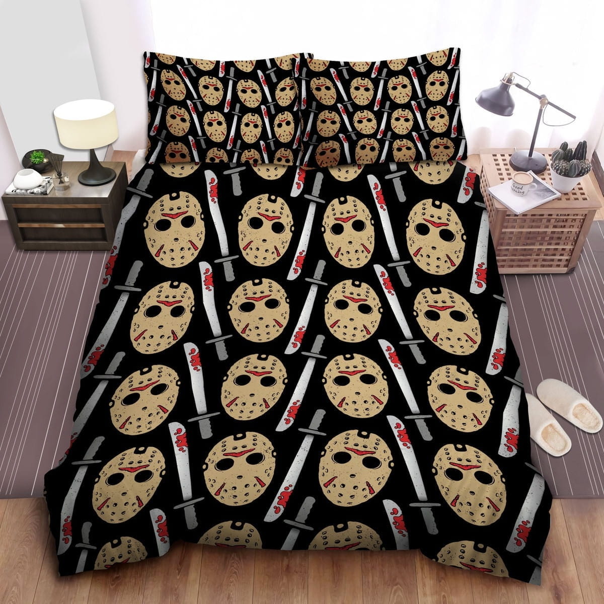 Friday The 13th Bloody Machete And Ice Hockey Mask Pattern Bedding Sets Duvet Cover, Flatsheet, Pillowcase For Your Lover, For Halloween