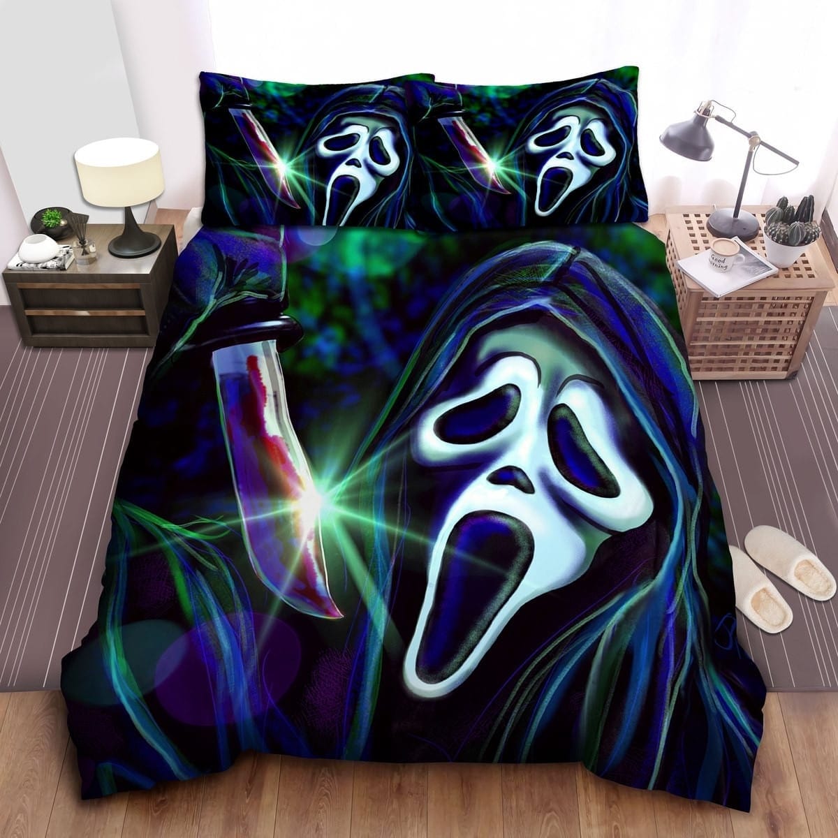 Ghostface In Neon Watercolor Painting Bedding Sets Duvet Cover, Flatsheet, Pillowcase For Your Lover, For Halloween