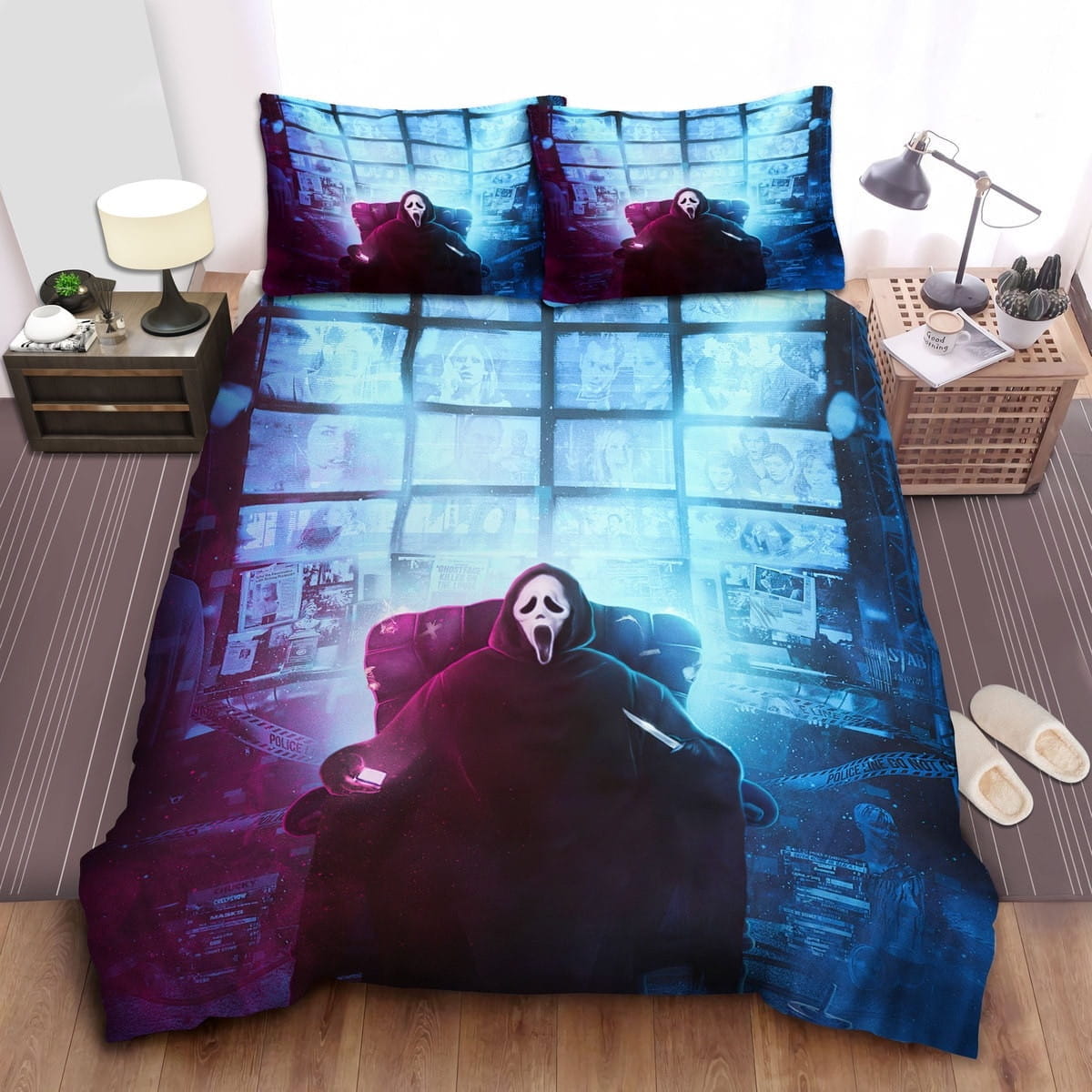 Ghostface Sitting In The Camera Room Bedding Sets, Duvet Cover Flatsheet Gift For Halloween, Thanksgiving, Christmas