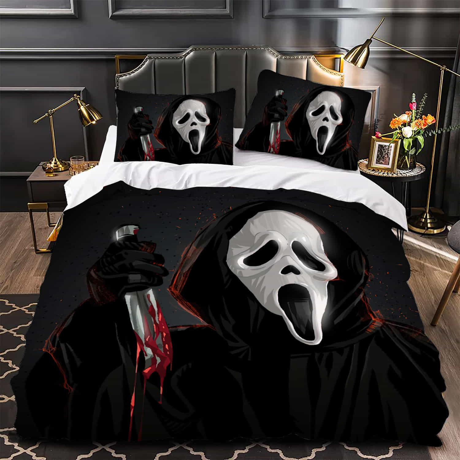 Ghostface With Bloody Knife Illustration Duvet Cover, Bedding Set Gift For Christmas, Black Friday, Thanksgiving, For Halloween