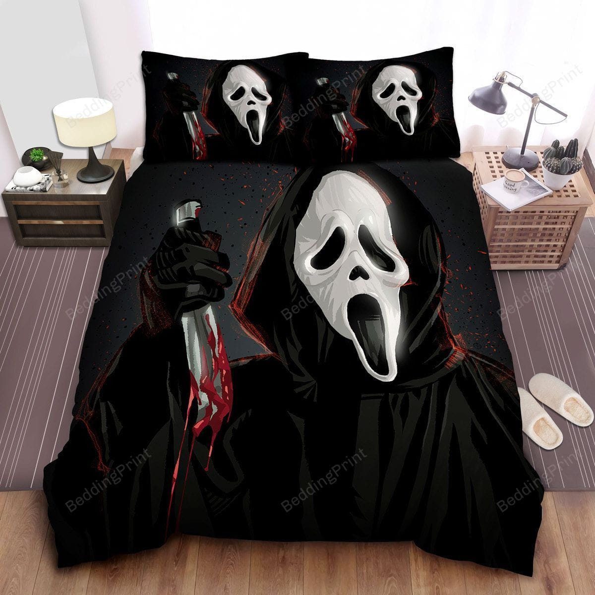 Ghostface With Bloody Knife Illustration Duvet Cover, Bedding Set Gift For Christmas, Black Friday, Thanksgiving, For Halloween