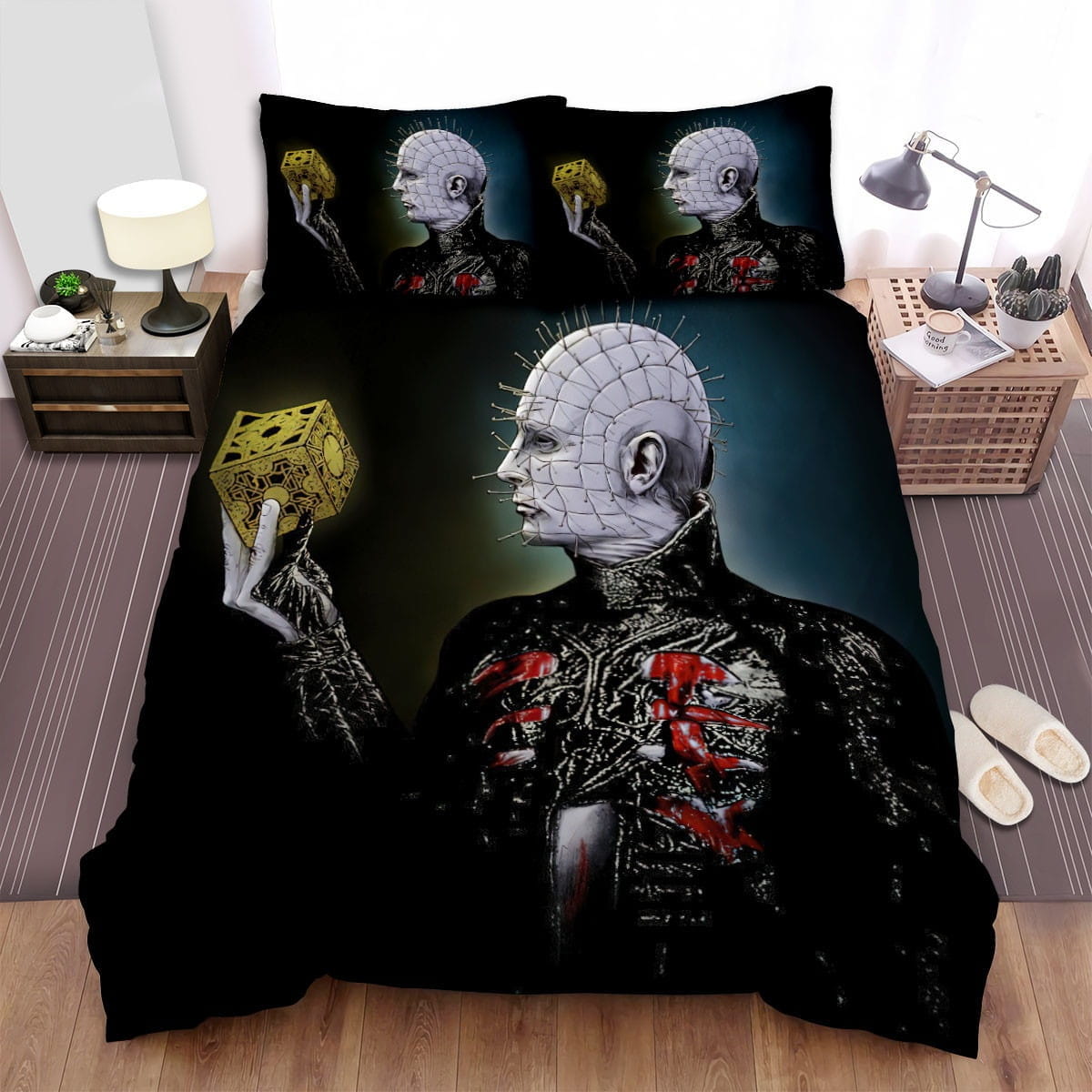 Hellraiser Man With Countless Nails Around His Face Is Looking At A Cube Bedding Sets, Duvet Cover Flatsheet Gift For Halloween, Thanksgiving, Christmas
