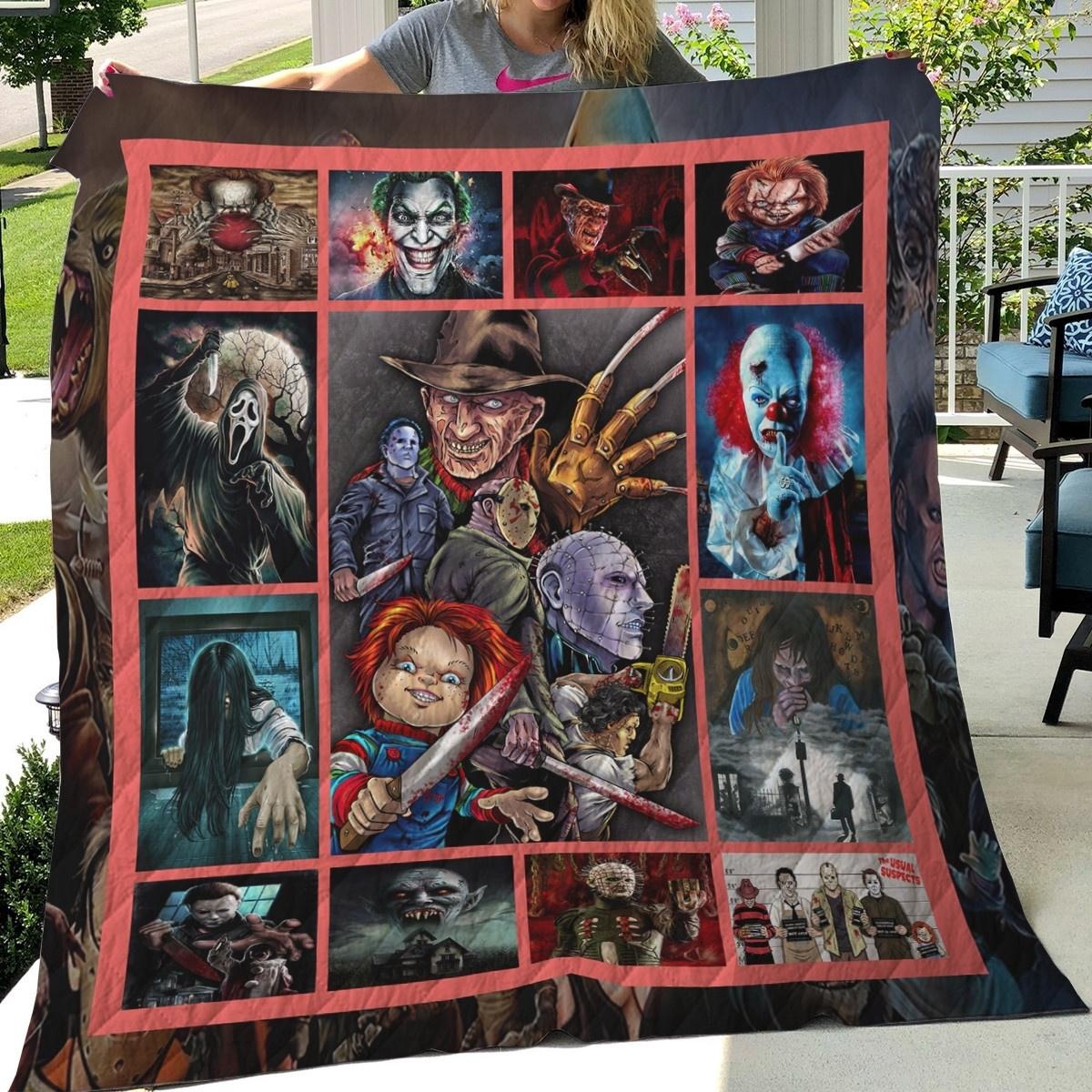 Horror Squad Quilt, Fleece Blanket, Sherpa Blanket Gift For Birthday, Halloween, Christmas, Thanksgiving