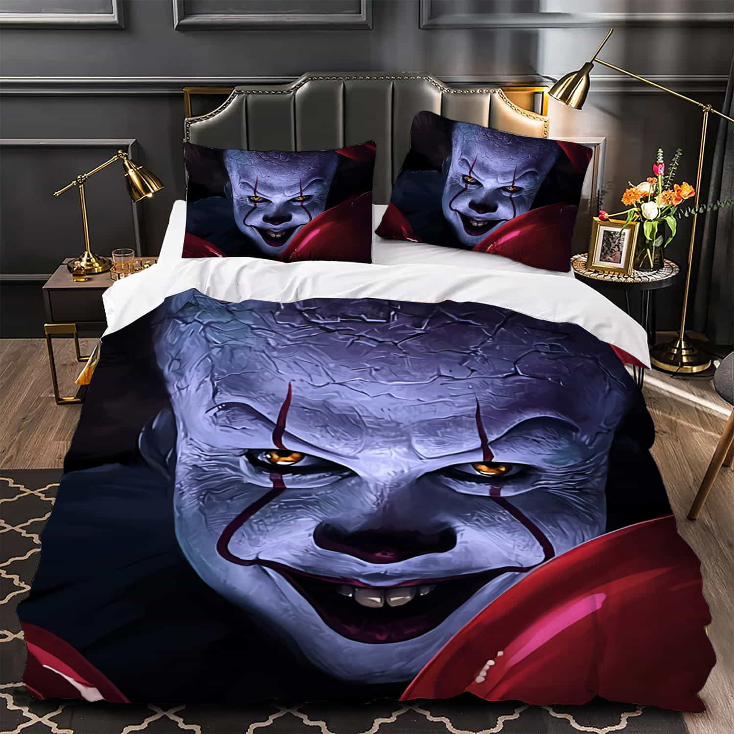 IT Movie Creepy Pennywise Scary Clown Duvet Cover, Flastsheet, Pillowcase Bedding Set Gift For Fans, Black Friday, Christmas, For Halloween