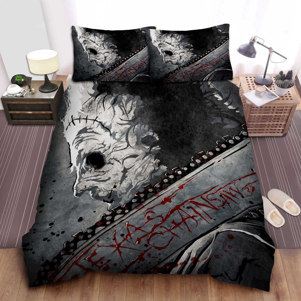 Leatherface, Bloody Letters On The Chainsaw Bed Sheets Spread Comforter Duvet Cover Bedding Sets, For Halloween