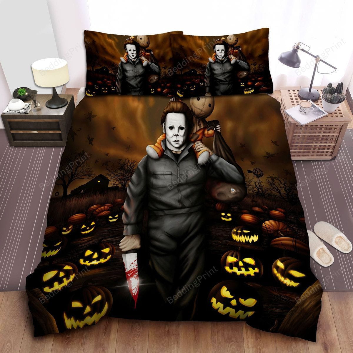 Michael Myers And Scary Doll In Pumpkin Patch Duvet Cover, Bedding Set Gift For Christmas, Black Friday, Thanksgiving, For Halloween