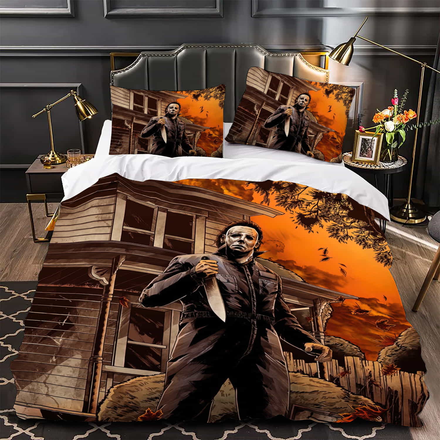 Michael Myers Outside The Deadly House In Comic Art Style Duvet Cover, Bedding Set Gifts For Birthday Christmas Thanksgiving Black Friday, For Halloween