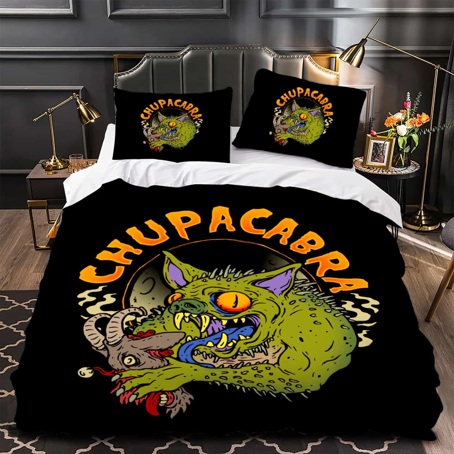 Scary Cartoon Chupacabra Holding A Head Of Goat Duvet Cover, Flastsheet, Pillowcase Bedding Set Gift Ideas For Fans, For Halloween